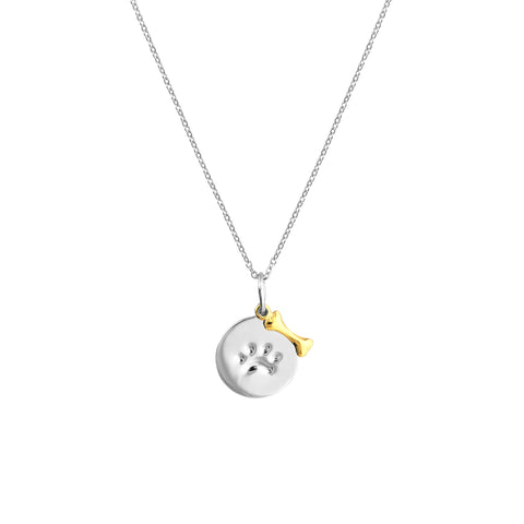 Sterling Silver Paw Disc Necklace with Dog Bone