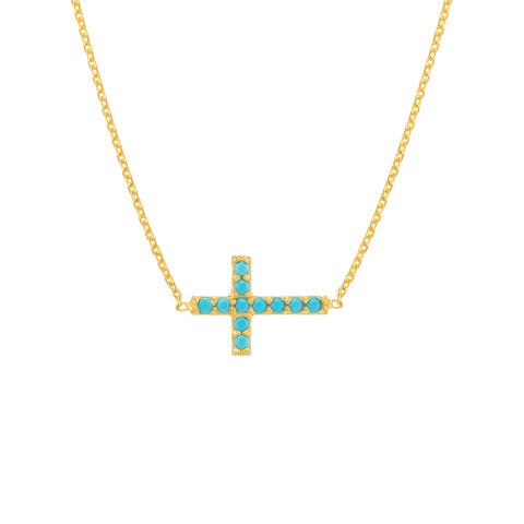 Simulated Turquoise Sideways Cross Necklace