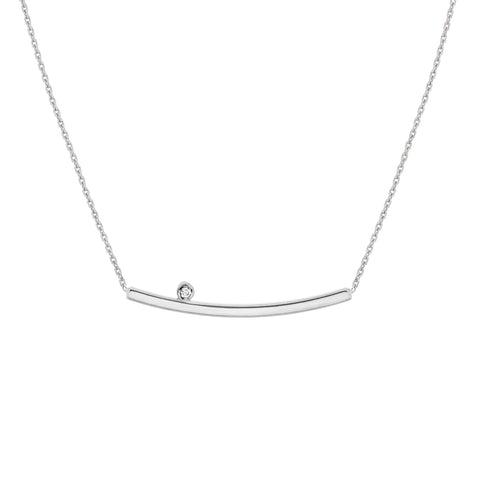 White Gold Thin Curved Bar Necklace with Diamond