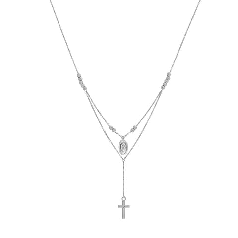 Sterling Silver Virgin Mary and Cross Drop Adjustable Choker