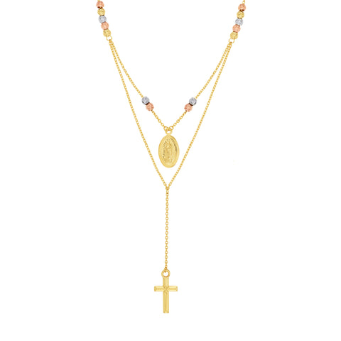 Tri-Color Virgin Mary and Cross Duo Necklace