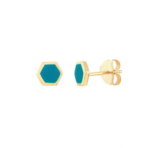 Turquoise Enamel Hexagon Stud Earrings