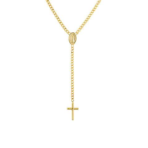 Mary and Cross Curb Chain Lariat Necklace