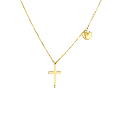 Solitaire Diamond Cross Necklace with Puff Heart Charm