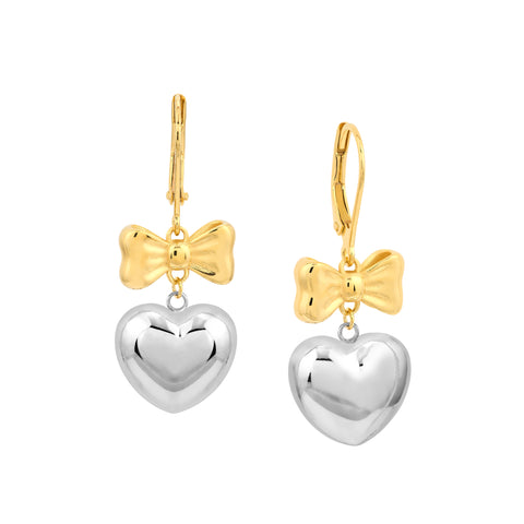 Two Tone Heart Bow Dangle Earrings