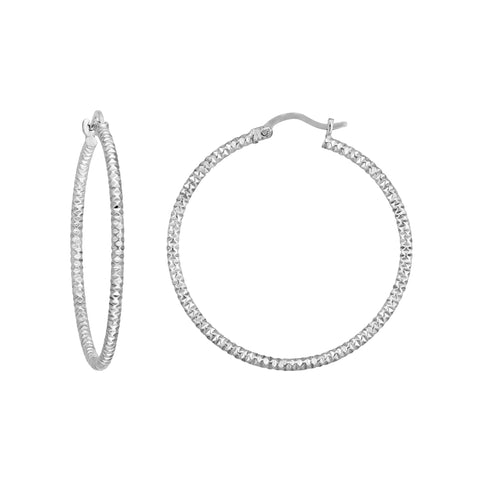 Sterling Silver 2mm x 30mm Diamond-Cut Hoop Earrings