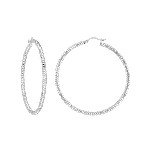 Sterling Silver 3mm x 40mm Diamond-Cut Rhodium Hoop Earrings