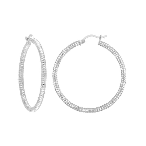 Sterling Silver 3mm x 30mm Diamond-Cut Rhodium Hoop Earrings