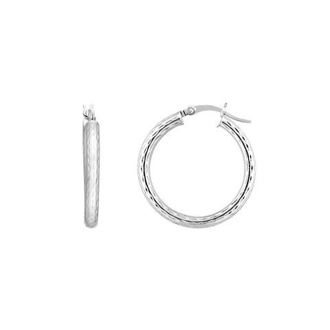 Sterling Silver 3mm x 25mm Diamond-Cut Hoop Earrings