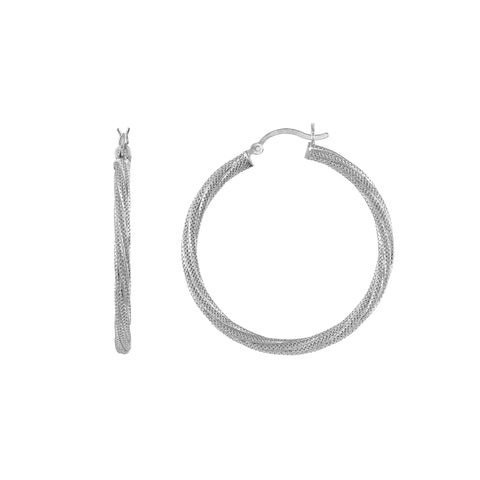 Sterling Silver Twisted and textured Rhodium Hoop Earrings