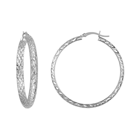 Sterling Silver 4mm x 40mm Diamond-Cut Hoop Earrings