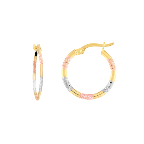 Tri-Color Diamond-Cut Patterned Hoop Earrings