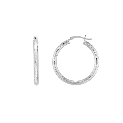 Sterling Silver 3mm x 30mm Diamond-Cut Hoop Earrings