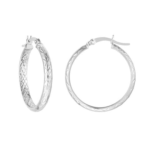 Sterling Silver 3mm x 25mm Medium Diamond-Cut Hoop Earrings