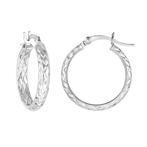 Sterling Silver 3mm x 20mm Diamond-Cut Hoop Earrings