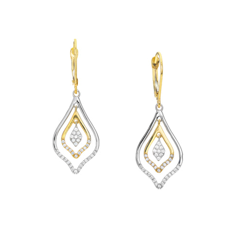 Two-tone CZ Double Framed Leaf Drop Earrings