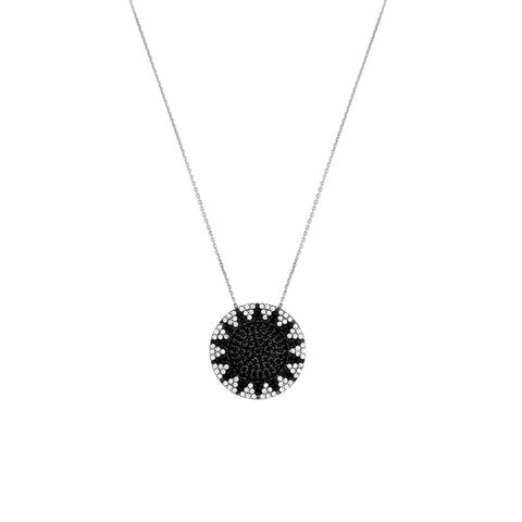 Sterling Silver Black and CZ Patterned Disc Necklace