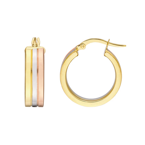 Tri Color 15mm Round Hoop Earrings