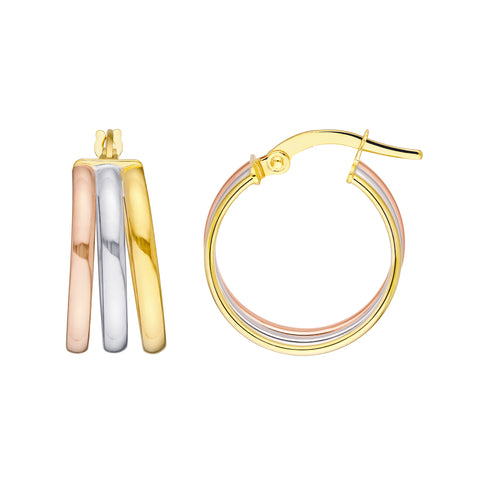 Tri Color 15mm Round Triple Hoop Earrings